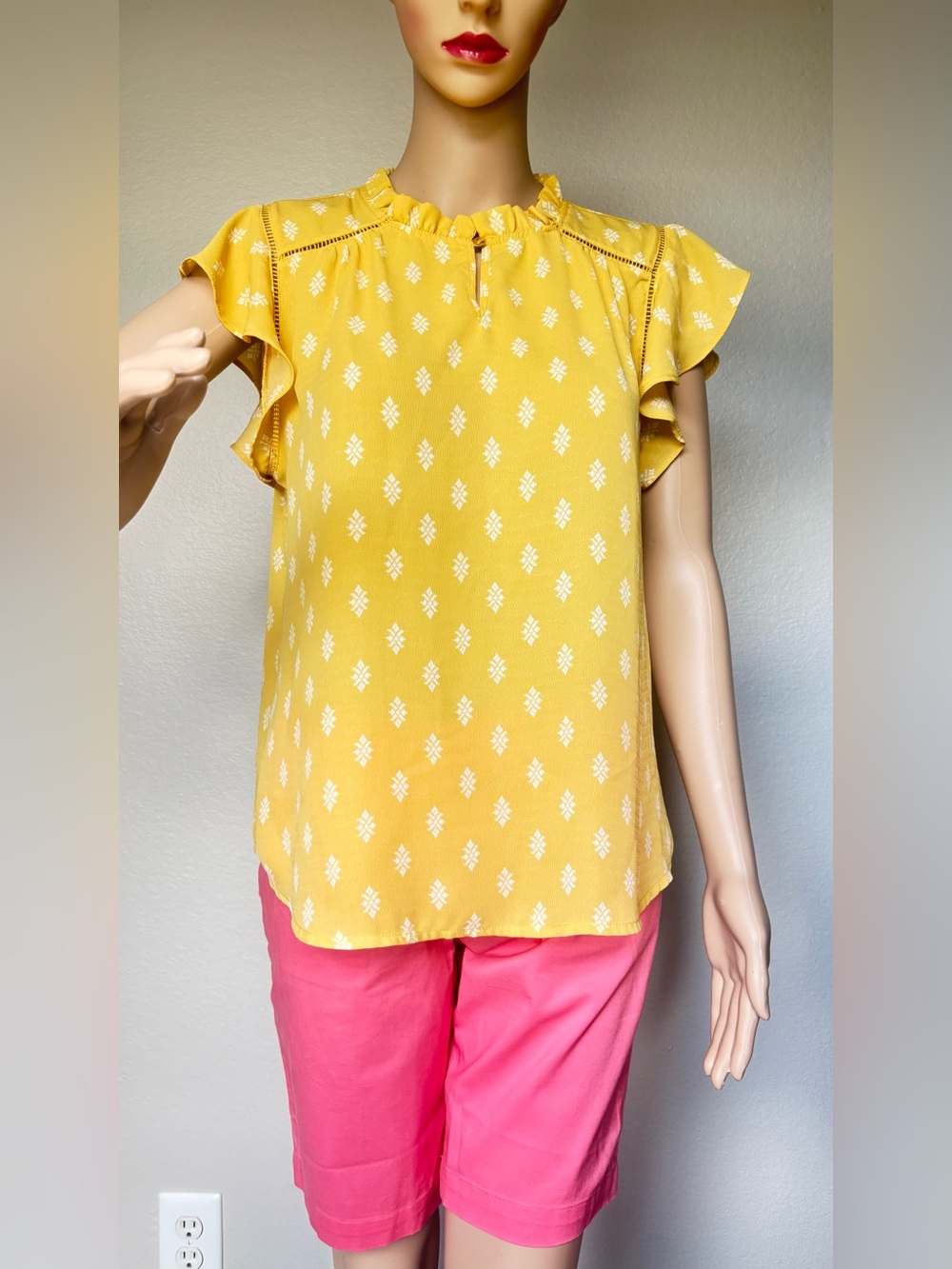 Haute Monde Yellow Printed Flutter Sleeve Blouse